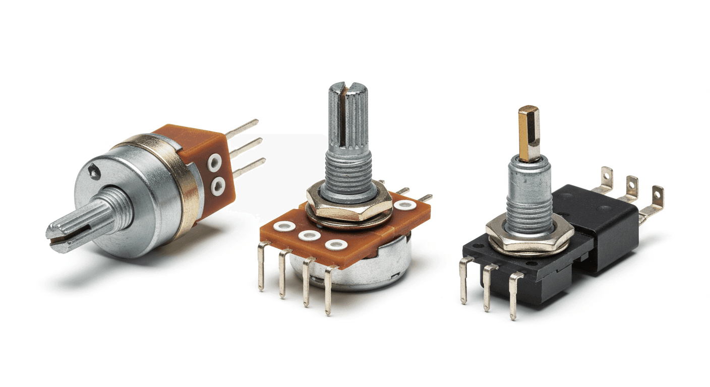 회전형, 슬라이드형, 트리머 가변저항 등 다양한 형태의 가변저항 이미지