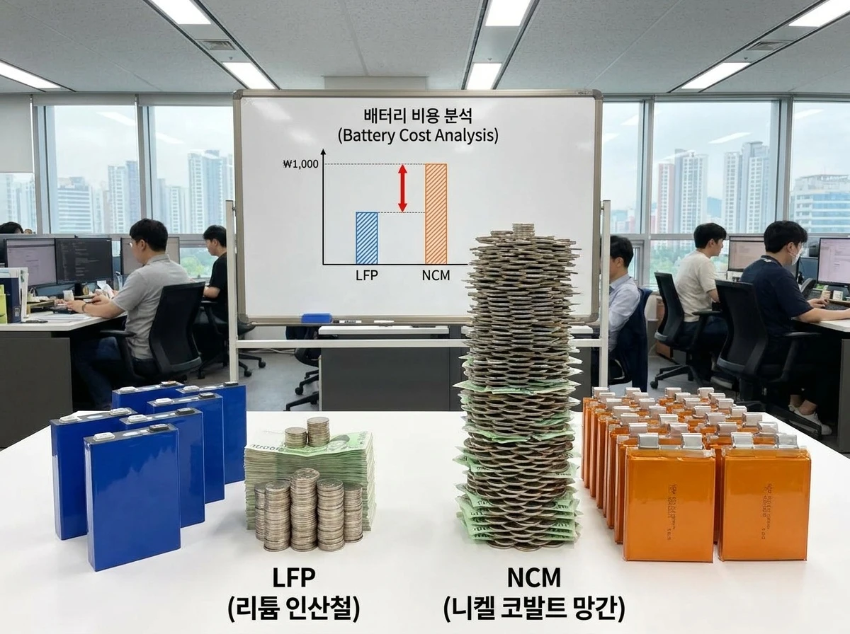 LFP와 NCM 배터리 가격 비교를 나타내는 그래프와 배터리 모듈