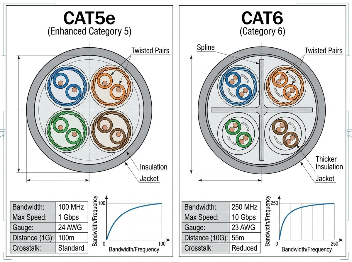 CAT5e와 CAT6 랜선 비교 다이어그램