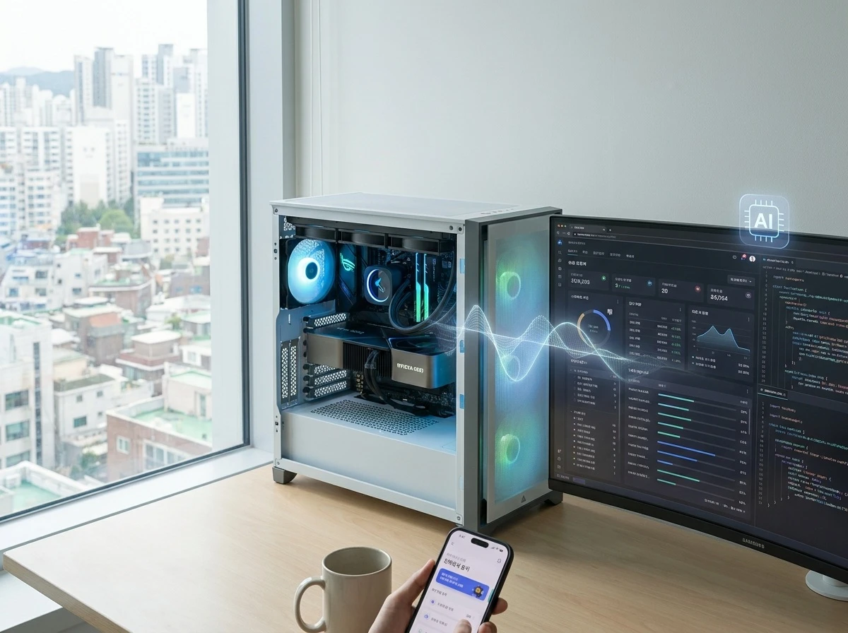 RTX GPU가 통합된 데스크톱 내부와 AI 가속 작업 흐름